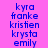 Static image with bright pink background displaying three vertical of blue text listing names