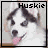 Pixelated dog face with black and white fur, pink tongue, and text labels 'Huskie' (left) and 'PUPPIE' (right).