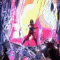 Animated sequence of a figure in red clothing performing dynamic poses against shifting colorful backgrounds with abstract patterns.