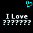 A black background displays a cyan pixelated heart symbol above two identical white text blocks reading "I Love" followed by six question marks each.
