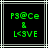 Green pixelated text on black background with white and gray lines, showing 'P3@Ce', 'L', and 'L<3VE' in a static arrangement