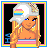 Pixel art of a blonde woman with blue eyes wearing a white cap with a colorful logo, framed by a yellow border on a black background, with blue and purple displaying text
