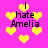 Pixelated pink background with yellow hearts and black text reading "I hate Amelia" in four repeated sections.