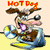 Animated cartoon dog with brown fur and pink nose sits in blue car, holding two CDs, mouth open in a smile, text 'HOT Dog' above in orange letters.