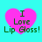 Four identical pink heart-shaped icons with green text "I Love Lip Gloss!" on a cyan background, arranged in a