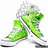 Green high-top sneakers with white laces and soles, a heart-shaped cutout on the side, and pink accents on the heel.