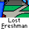 Animated contact sheet of a pixel art character in various states including walking, holding cards, and displaying text bubbles on a blue background with red railings.
