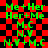 Green pixelated text on red and black checkered background, repeated in two identical with no visible animation changes