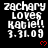 Pixelated text reads 'zachary loves katie!! 3.31.09' with red heart symbols on black background, displayed in a