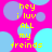 A static image with a bright pink background featuring overlapping light blue and purple circles, with yellow text reading "hey i luv ALL my freinds" arranged in a pattern