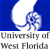 A 2x2 contact sheet of four distinct University of West Florida visual elements including a blue and white logo, stylized text, and a license plate design.