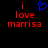 Red pixelated text 'i love marrisa' on black background with blue heart symbol above 'i' in left view, identical text in right view without heart.