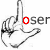 A hand with index finger extended points upward, positioned next to the text 'oser' where the first letter is red and the rest are gray.