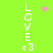 Bright green background with vertical white text reading "LOVE <3" on both sides, pink pixelated heart and starburst symbols in the center.
