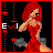 Pixel art of a red-haired woman in a red dress with gray shoes, standing against black background with red stars and dotted lines.