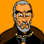 Pixelated character with gray hair and beard, brown cloak over black shirt, holding red lightsaber against orange background.