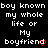 Pixelated text repeats across a black background with red heart accents on 'boyfriend' and gray bottom-right corner.