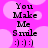 Pixelated text and emoticon on pink background with light pink cloud shapes, two identical frames side-by-side.