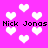 Pixelated pink background with white heart shapes and repeated text "Nick Jonas" in black pixel font.