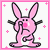 A 2x2 contact sheet of a pixel art animation featuring a pink bunny character and text phrases, with the rightmost frame being empty gray space.