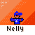 Pixelated character in blue outfit with white cross symbol, standing against orange diagonal striped background, displaying speech bubbles with text.