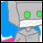 A gray robot with green eyes and a white chest plate displays changing text on its torso against a blue background.