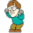 A 4-frame animated contact sheet showing a cartoon character dancing in various poses with arms raised and legs bent, wearing a teal sweater, brown pants, and orange shoes against a gray background.