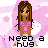 Pixel art contact sheet of a 3x3 grid showing nine frames from an animated AIM buddy icon featuring a cartoon girl with long brown hair in a pink dress against a pink starry background, each frame displaying the text 'i need a hug' below her.