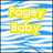 Yellow text reading "Pacey Baby" on a blue and white striped background with pixelated edges.