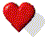 Six red heart-shaped icons with white wing-like shapes on a gray background, showing animation frames where the hearts rotate and change orientation.
