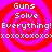 Four identical display red and purple spiral backgrounds with white text reading "Guns Solve Everything! xoxoxoxoxoxoxoxoxoxoxoxo" in a pixelated font
