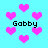 Pixelated cyan background with scattered pink hearts and four instances of the text 'Gabby' in black pixel font.