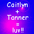 Pixelated text on a blue-purple gradient background with pink light effects, showing 'Caitlyn + Tanner = luv!!' in four identical