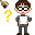 Pixel art contact sheet showing two frames of an animated AIM buddy icon with a character holding paper, question marks, and floating objects.