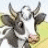 Animated cow head with black-and-white patches, pink nose, and brown horns against a light blue background.