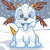 A 4-frame animated contact sheet of a snow-covered cartoon creature with antlers and horns, sitting in a snowy landscape with falling snow.