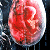 A pixelated red and white circular object with a textured surface, set against a dark background with blue and white speckles.