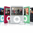 Pixelated image of multiple colored iPods with a central silver model, surrounded by text elements including 'xmas', '2007', and 'penu + dawnt' on white background.