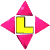 Yellow L-shaped symbol surrounded by pink and magenta diamond-shaped elements in a of six distinct configurations