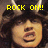 Pixelated image of a person with dark hair and a black hat, overlaid with yellow text reading "ROCK ON!" in blocky capital letters.