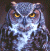 Pixelated owl with yellow eyes and white chest feathers against dark background, next to green with bright green text