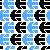 A static contact sheet of a pixelated animation featuring alternating black and light blue arrow-like shapes arranged in repeating rows on a white background.