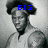Two side-by-side grayscale images of a person with afro hair, wearing a light shirt, with blue pixelated text above the head.