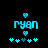 Pixelated cyan text 'myan' with two heart shapes above and below, surrounded by five star-like symbols on a black background.