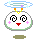A 4-frame contact sheet of a pixel-art animated buddy icon featuring a round white character with spiral eyes, pink cheeks, and red mouth, showing facial expression changes across frames.