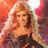 A woman with long blonde hair in a strapless black dress and high heels poses against a red and purple background.