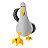Pixelated bird with gray body, black wing patches, yellow beak, and orange feet standing against solid gray background.
