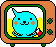 Two side-by-side pixel art TV screens show a blue cat with orange cheeks holding a red object, one screen displays the cat smiling while the other shows it eating.
