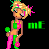 Pixel art contact sheet showing a cartoon woman, two dinosaur-like creatures, and text elements in pink and green on black background.