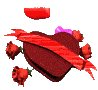 A heart-shaped chocolate with red ribbon and roses, animated with floating heart shapes in red, pink, and purple.